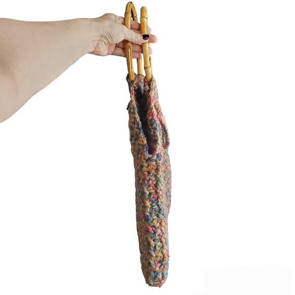 Vintage Crochet Knit Tote Bag Double Bamboo Handles Handmade Casual Cottage - Picture 6 of 9